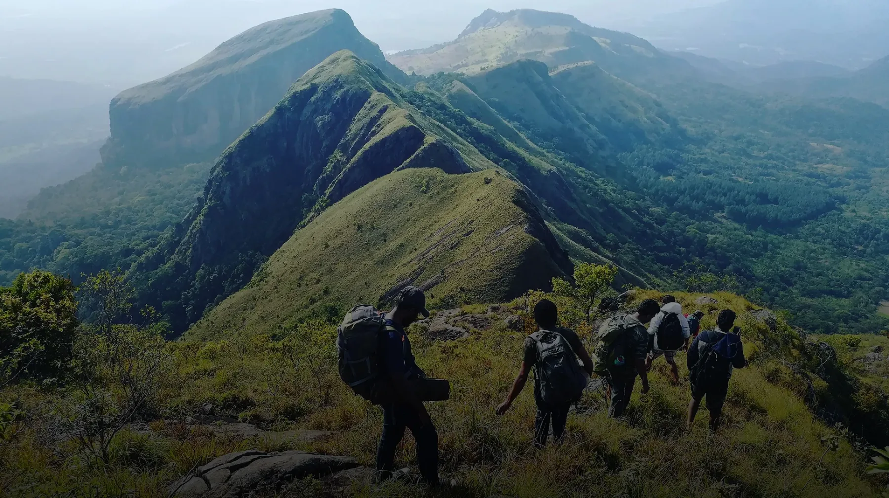Volunteers hiking a ridge in the Knuckles Mountain Range